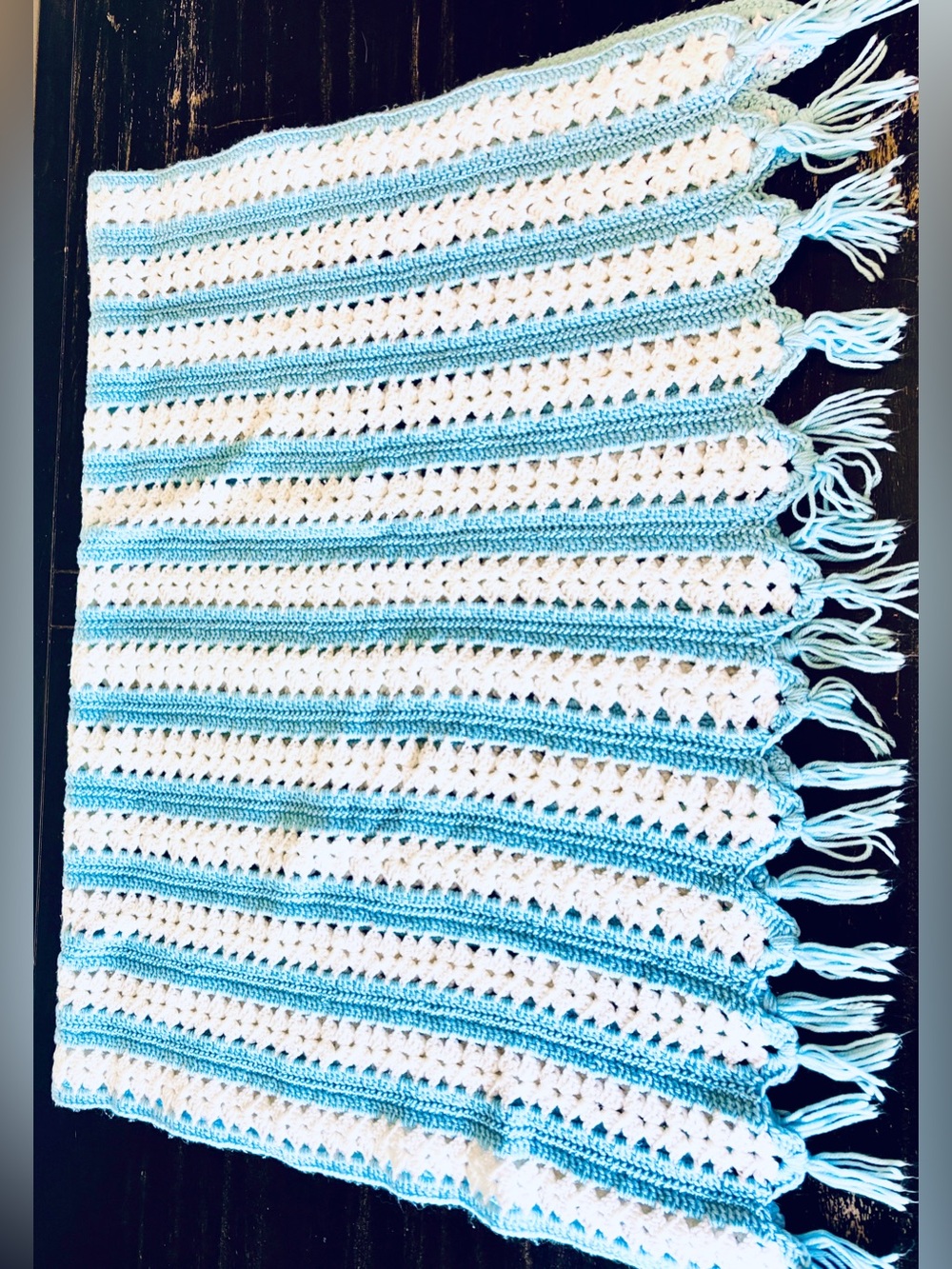 Vintage Handmade Crochet  Blue White Striped Afghan Blanket Throw 58x38
